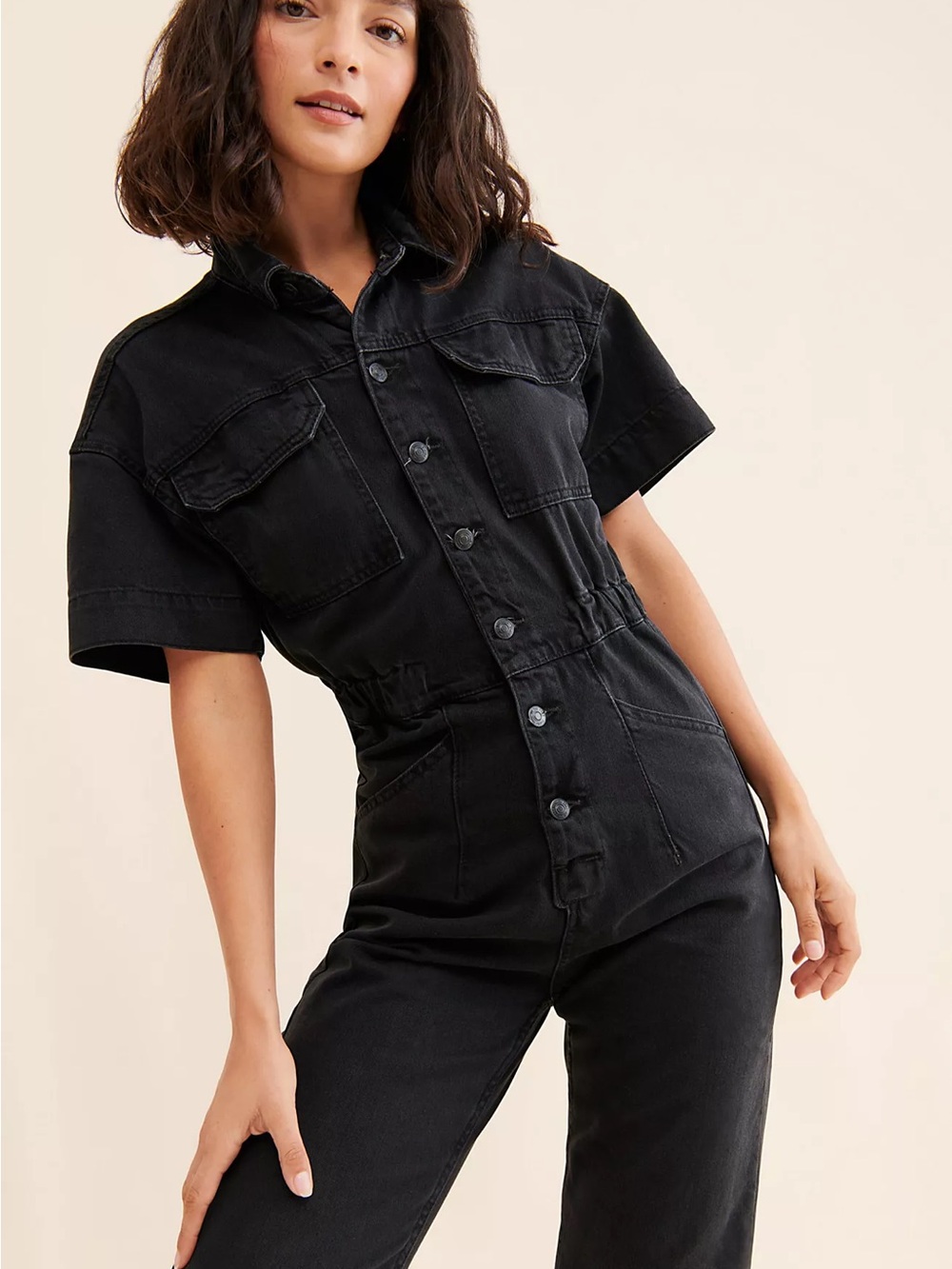We The Free Black Short Sleeve Utility Jumpsuit Marci Coveralls - L